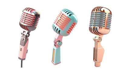 Set of colourful vintage microphones isolated on transparent background. Generative Ai