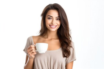 Close up of a young woman holding coffee cup in the morning on white background. Generative Ai