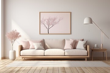 Canapé moderne dans une pièce neutre, dans un style de mise en scène minimaliste, multicolore, cottagecore, palettes de couleurs multiples, maquette, design d'intérieur. IA générative, IA