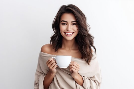 Close up of a young woman holding coffee cup in the morning on white background. Generative Ai