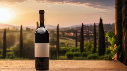 Fototapeta premium Red wine bottle mock up, empty white label, product promotion, advertising, vineyards at sunset
