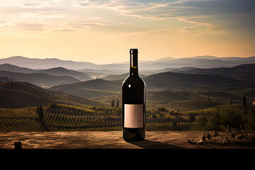 Red wine bottle mock up, empty white label, product promotion, advertising, vineyards at sunset