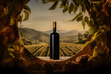 Fototapeta premium Red wine bottle mock up without label, glass, product promotion, advertising, vineyards at sunset