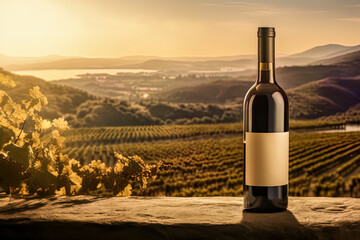 Red wine bottle mock up, empty white label, product promotion, advertising, vineyards at sunset