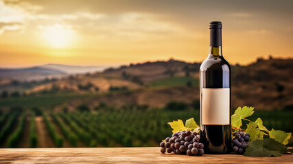 Wine bottle mock up, empty white label, grapes, product promotion, advertising, vineyards at sunset - obrazy, fototapety, plakaty