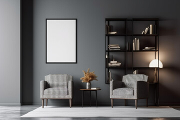 Grey living room interior with armchairs and bookshelf, square mock up