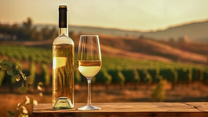 Mock-up white wine bottle without label, glass, promotion, advertising, vineyards at sunset - obrazy, fototapety, plakaty