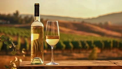Foto op Plexiglas Mock-up white wine bottle without label, glass, promotion, advertising, vineyards at sunset © Beastly