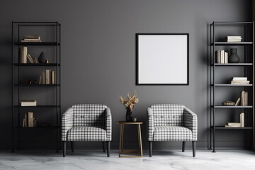 Grey living room interior with armchairs and bookshelf, square mock up