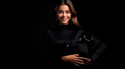Foto op Plexiglas Satisfied beautiful woman customer in stylish attire hugging purchases, gift bags with jewelry accessories during a sale with discounts © MYDAYcontent