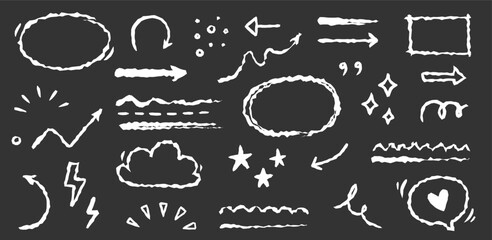 Hand drawn red line star sparkle, emphasis, underline element set on chalkboard. Hand drawn doodle text highlight, underline, arrow red pen stroke style. Vector illustration