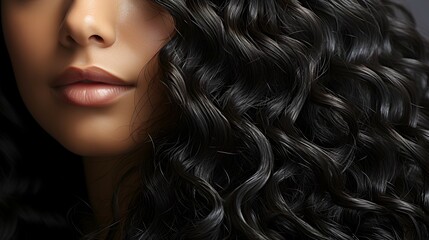 The woman's curly black hair is clean and shiny
