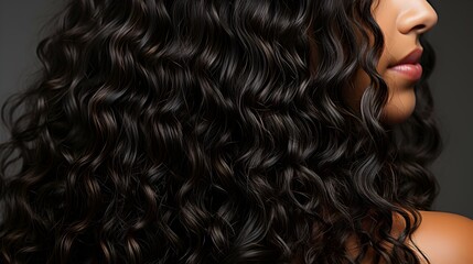 The woman's curly black hair is clean and shiny