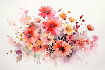 Obraz na płótnie Canvas Floral painting of watercolor arrangement with red and ink flowers against a white backdrop. Generative AI