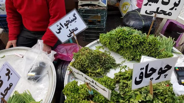 Traditional cuisine and Persian local food material fresh vegetable wonderful farmer market in Rasht in Iran Caucasus Talish county rural area vitamin healthy and delicious cooking method