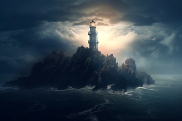 a lighthouse in the ocean with fog, clouds, mountains, and a full moon in the sky. Generative AI - obrazy, fototapety, plakaty