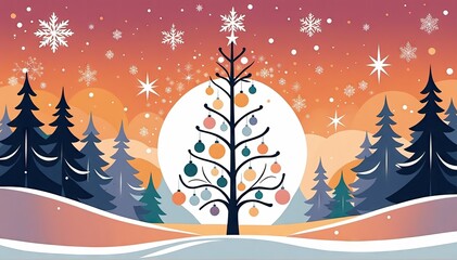 A vibrant, minimalistic design Christmas tree adorned with geometric ornaments against a backdrop of warm, pastel-colored gradients, with twinkling lights and snowflakes