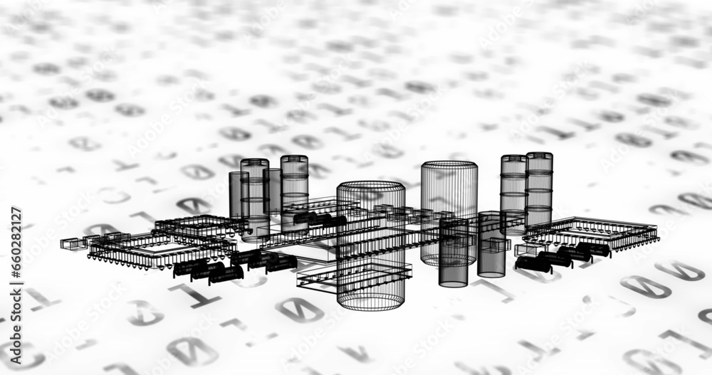 Poster image of 3d model of electrical components over binary codes against white background
