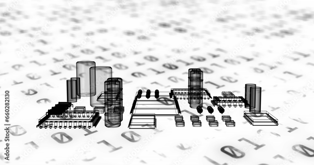 Poster image of 3d model of electrical components over binary codes against white background