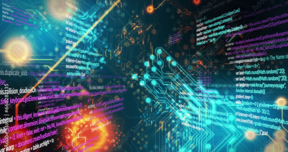 Poster image of circuit board pattern and computer language over black background