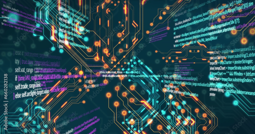 Poster image of circuit board pattern and computer language over black background
