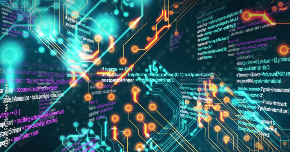 Poster image of circuit board pattern and computer language over black background