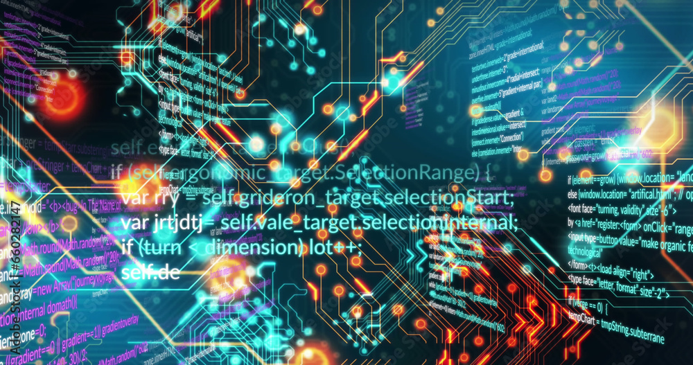 Poster image of circuit board pattern and computer language over black background