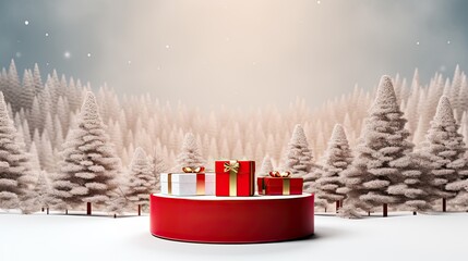 Luxurious Christmas red podium product mockup with gift box AI Generative