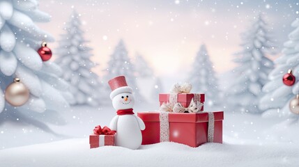 Portrait red gift box with snowman on the winter background AI Generative