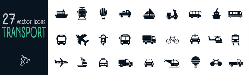 Fototapeta na wymiar Transport icon set. Containing car, bike, plane, train, bicycle, motorbike, bus and scooter icons.