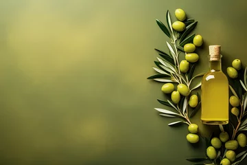 Fototapeten Mock up with plump green olives and bottle of premium olive oil © IonelV