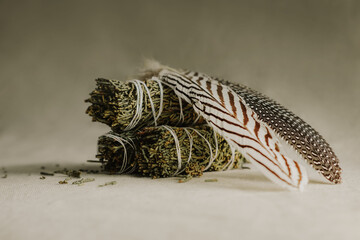 Close up of cleansing and protective ceremonial juniper smudge sticks and a sacred bird natural...
