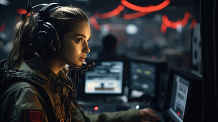  Female Officer with uniform is operating at control panel in monitoring war room on war base, AI Generative - obrazy, fototapety, plakaty