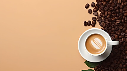 Obraz premium International Coffee Day top view, a cup of coffee, coffee beans on a brown background