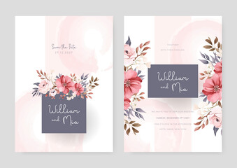 Pink peony beautiful wedding invitation card template set with flowers and floral
