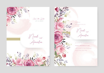 Pink rose luxury wedding invitation with golden line art flower and botanical leaves, shapes, watercolor