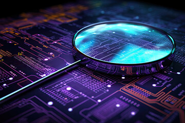 Magnifying glass enlarging the electronic circuit board with processor background. Magnifier with computer processor in neon color cyberpunk background.