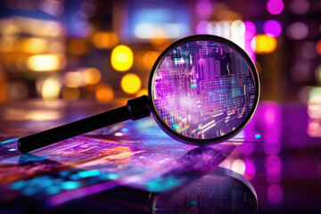 Magnifying glass enlarging the electronic circuit board with processor background. Magnifier with computer processor in neon color cyberpunk background.