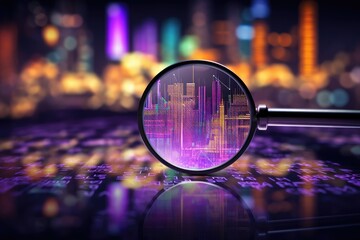 Magnifying glass enlarging the electronic circuit board with processor background. Magnifier with computer processor in neon color cyberpunk background.