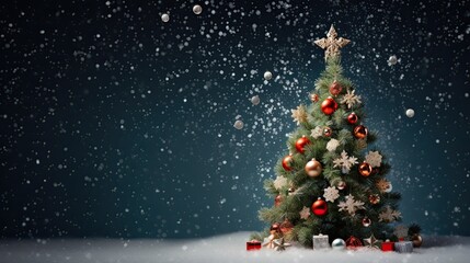 Fototapeta premium Luxury fir tree with snowflakes decorated with balls on the winter Background