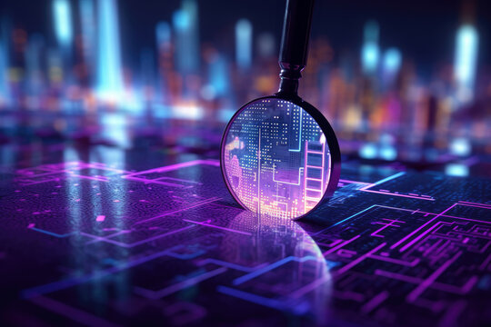 Magnifying glass enlarging the electronic circuit board with processor background. Magnifier with computer processor in neon color cyberpunk background. - Powered by Adobe