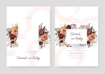 Brown and peach rose and peony vector elegant watercolor wedding invitation floral design