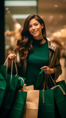 Stylish confident brunette woman with long hair leaving boutique with green and kraft bags after shopping, smiling at camera, sincere smile