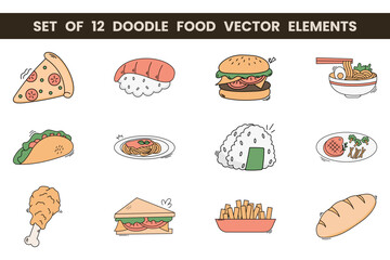 Set of 12 doodle food vector elements. Vector element with food theme and doodle hand drawn style. Illustration.