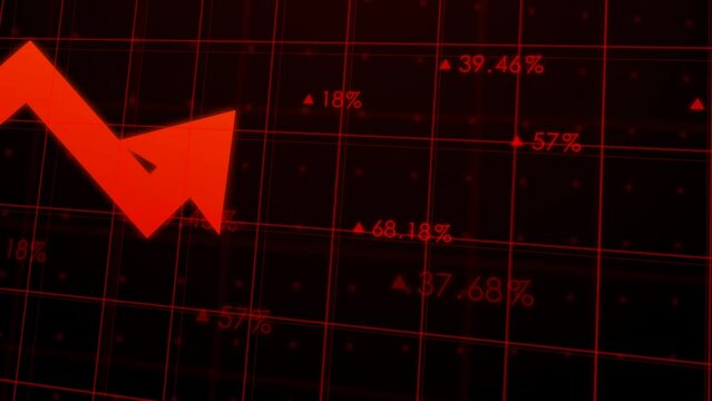 Financial crisis down 3d red arrow economy business graph on money crash market background with bankruptcy