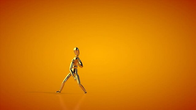 Funny golden mannequin robot style dancing, seamless loop, orange studio