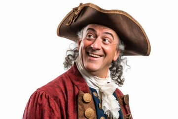 Closeup portrait of a funny man dressed as a pirate on white background