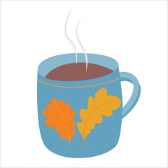 Cute mug with oak leaves. Cup with tea, cofee. Vector Cartoon Illustration