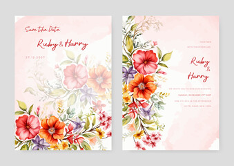 Pink and orange peony beautiful wedding invitation card template set with flowers and floral