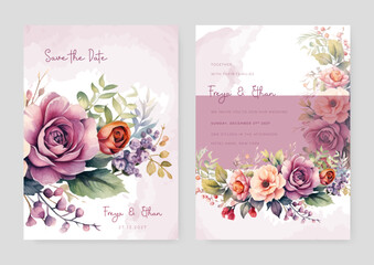 Red and purple violet rose luxury wedding invitation with golden line art flower and botanical leaves, shapes, watercolor